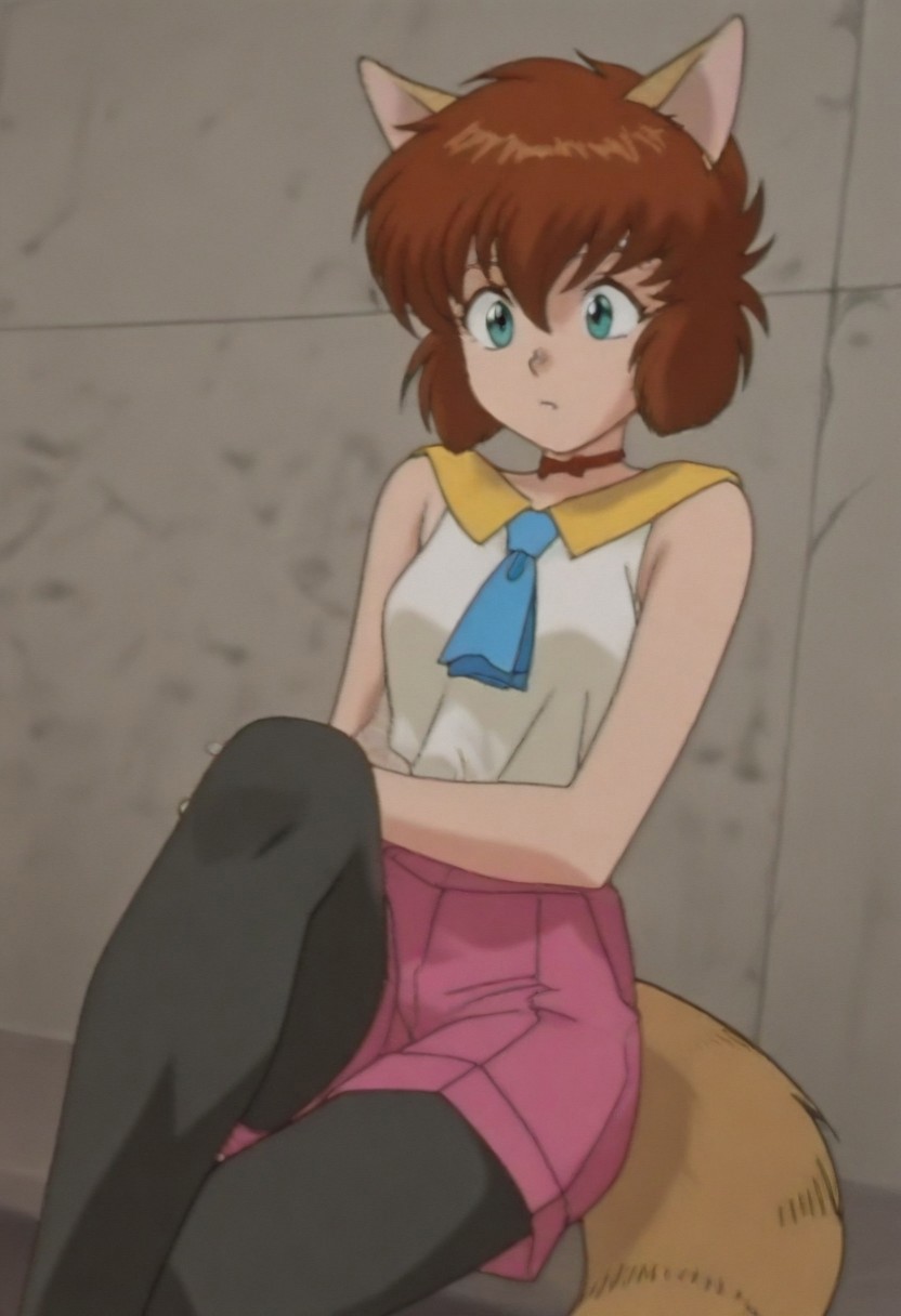 masterpiece, best quality, amazing quality,,, shiny skin,,,,,,,,<lora:koto_ilxl_v1.0:1>,koto,brown hair,green eyes,whiskers,fang out, k_clothes,yellow collar,red ribbon choker,white sleeveless shirt,blue necktie,pink shorts,fox tail,black_pantyhose,k_m,