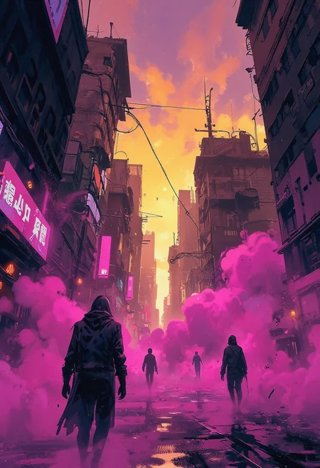 In an urban void shrouded in swirling volumetric fog, fragmented silhouettes move like ghosts through shifting beams of neon light. The analog noise texture lends a tactile, nostalgic quality to the scene, as if captured on decaying film stock. The fog absorbs and refracts the vibrant hues of the city—pulsing magentas and muted yellows—blurring the line between physical space and digital memory in a haunting yet hypnotic rhythm.