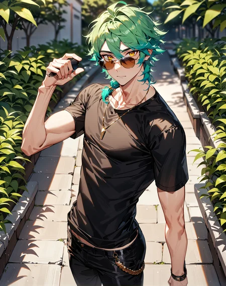 1boy, solo, male only, male focus, cowboy shot, <lora:ezreal_sdxl_lora:0.8>, (ezreal, green hair, yellow eyes), sunglasses, shirt, pants, black shirt, black pants, outdoors, looking at viewer, masterpiece, best quality, very aesthetic, absurdres, very detailed, sensitive, <lora:Lightning-8:0.5>