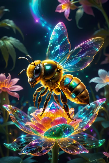 Freshideas Levitation, Holographic bee, Holographic flower, Wireframe Hologram, 3D,
A close-up of a vibrant, colorful crystal flower with intricate, detailed petals. A delicate bee rests on the flower, its wings displaying a spectrum of iridescent colors. The background is softly blurred, creating a dreamy, surreal, and magical atmosphere that enhances the focus on the crystal flower and bee. The scene captures the essence of a fantastical, otherworldly garden, with the hyper-realistic details of the flower and bee bringing the image to life.
close-up, crystal flower, vibrant colors, detailed petals, intricate, bee , iridescent wings, soft blurred background, dreamy, surreal, magical, hyper-realistic, fantastical, otherworldly, garden, enchanting, detailed, colorful, captivating, whimsical, ethereal, vivid, nature-inspired, fairy tale-like.
<lora:20240614-1718326897684:1.0>,
<lora:add-detail-xl:1.0>,
<lora:EnvyBetterHiresFixXL01:1.0>,
<lora:extremely_detailed:1.0>, extremely detailed,
<lora:EldritchMixIllustration_1.1:0.25>,
<lora:SDXLFaeTastic2400:0.6>,