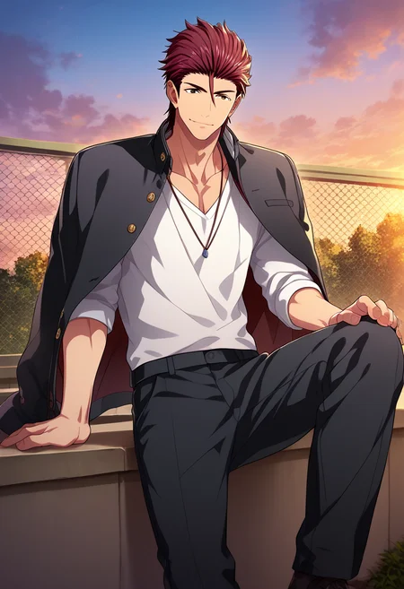 2boys, male focus, multiple boys,
 <lora:Character - Kenka Bancho Otome - Houou Onigashima:1> houou, brown eyes, red hair, hair slicked back, 
((zPDXL)), score_9_up, score_8_up, score_7_up, score_6_up, score_5_up, score_4_up, best quality, amazing quality, best aesthetic, absurdres, year2023, nsfw, game cg, official art, official style, uncensored,
<lora:Style - Ecstasy_Emperess:0.5> emper3ss, looking at viewer,
rooftop, chain-link fence, against fence, gakuran, white shirt, jewelry, black jacket, jacket on shoulders, layered clothes, necklace,