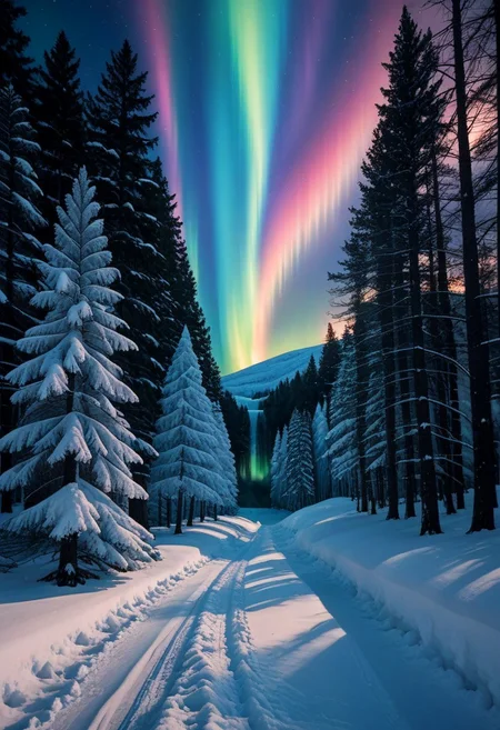 a knight walks through a snow-covered night forest, icy trees around, the aurora borealis in the sky (fr0stwrld, snow, ice, VntgCE , framed)