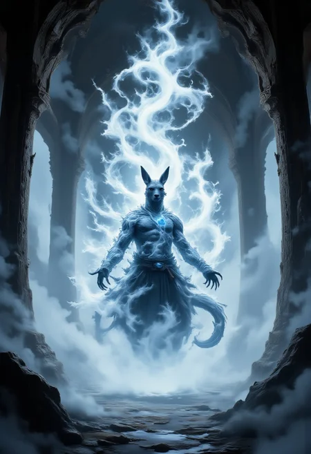 aidmaMJ6.1, aidmaimageupgrader, fog creature, a kangaroo made of fog, A mystical air elemental kangaroo, embodying the spirit of an airbending monk, is mid-training within an ancient, tribal air temple. The temple's architecture features soaring arches and wind-carved pillars, adorned with swirling air motifs and suspended in a misty mountain sky. The kangaroo is captured in dynamic motion, its powerful yet graceful form creating spiraling currents of wind as it practices intricate airbending techniques. Whirlwinds dance around its limbs, and leaves and dust are carried in the currents, emphasizing the fluidity of its movements. Its fur ripples as if moved by an unseen breeze, and its piercing gaze reflects a balance of discipline and inner peace. Glowing air tattoos on its body pulse faintly, resonating with the surrounding energy. The scene is bathed in soft light, with the wind whispering through the sacred temple, heightening the sense of mysticism and ancient power.