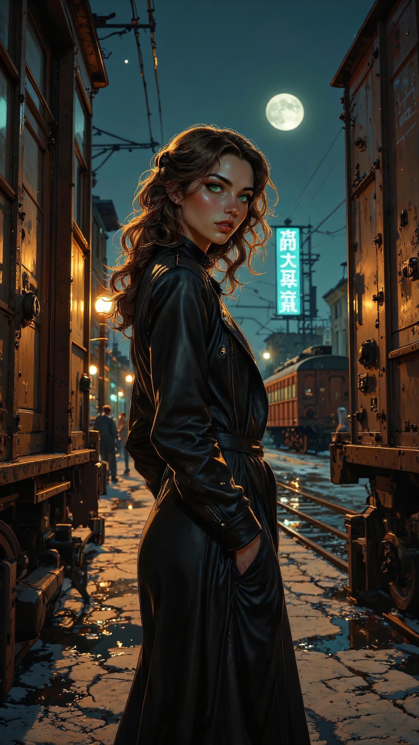 aidmafluxproultra, A high-quality, whimsical digital artwork in the style of pinksoftcoreanime, high-resolution anime-style illustration, impressionistic influences, young woman standing between rusting train cars in a deserted rail depot at night, cool moonlight reflecting off metal surfaces, long wavy chestnut hair in a loose side braid, emerald-green eyes, subtle eyeliner, lips slightly parted in quiet contemplation, fitted leather jacket over a flowing maxi dress, hands tucked into pockets, faint neon glow from a distant sign casting soft hues, puddles on cracked pavement reflecting the night sky, painterly brushstrokes, moody and cinematic atmosphere <lora:aidmaFluxProUltra-FLUX-v0.1:0.3> <lora:ILLUSTRATION_(FLUX)_-_V3.1:0.6> <lora:Anime_Art_V3:1.0>