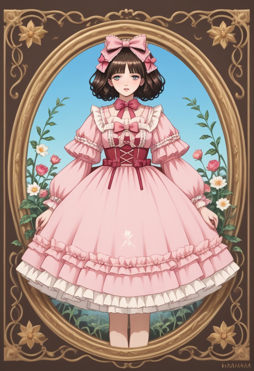 score_9, score_8_up, score_7_up, source anime,
masterpiece, best quality, detailed, amazing quality,
detailed background, 
detailed face, detailed eyes,
dynamic pose, 
solo, 1woman, woman,
easynegative,
headbow,
slutty_m3l0dy, kiraimai, flower dress, lolita_fashion