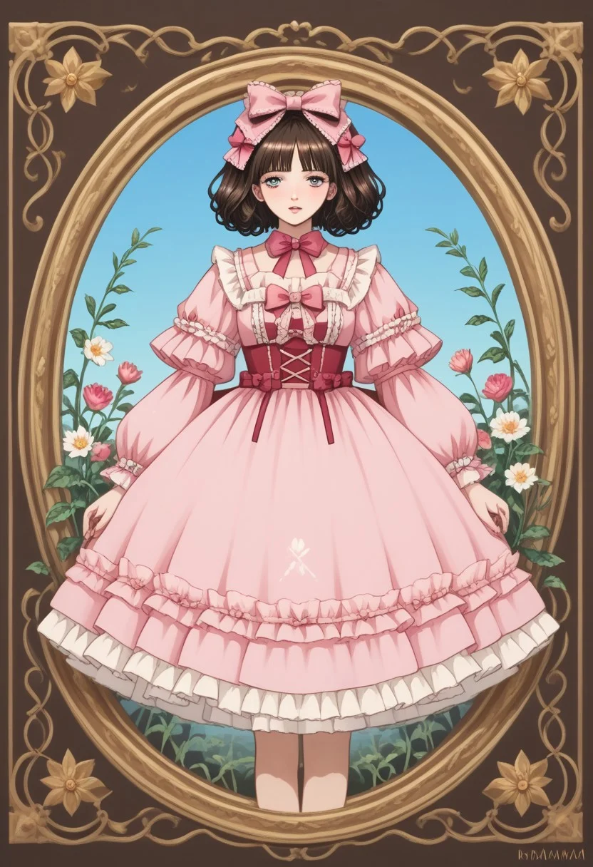 score_9, score_8_up, score_7_up, source anime,
masterpiece, best quality, detailed, amazing quality,
detailed background, 
detailed face, detailed eyes,
dynamic pose, 
solo, 1woman, woman,
easynegative,
headbow,
slutty_m3l0dy, kiraimai, flower dress, lolita_fashion