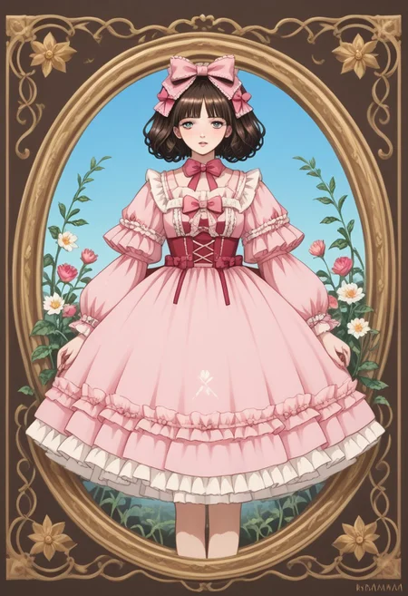 score_9, score_8_up, score_7_up, source anime,
masterpiece, best quality, detailed, amazing quality,
detailed background,
detailed face, detailed eyes,
dynamic pose,
solo, 1woman, woman,
easynegative,
headbow,
slutty_m3l0dy, kiraimai, flower dress, lolita_fashion
