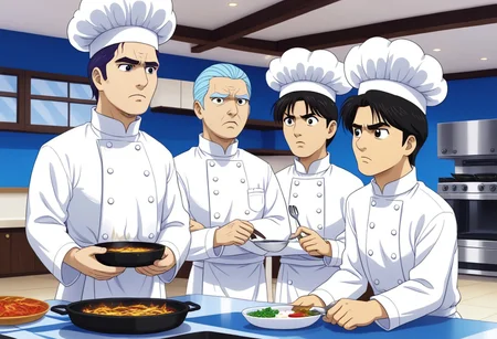 detailed background, 
 <lora:cromartie.pony:1>,
cromartie, 3 boys, 
(shade face:1),(cook, chef), regent hair