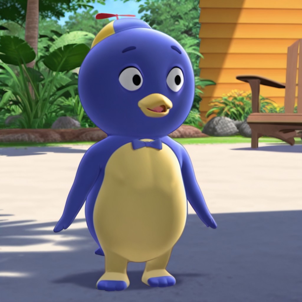 masterpiece, best quality, amazing quality, PabloByil, anthro, male, penguin, blue skin, black eyes,blue bowtie, propeller hat, standing, backyard, solo,