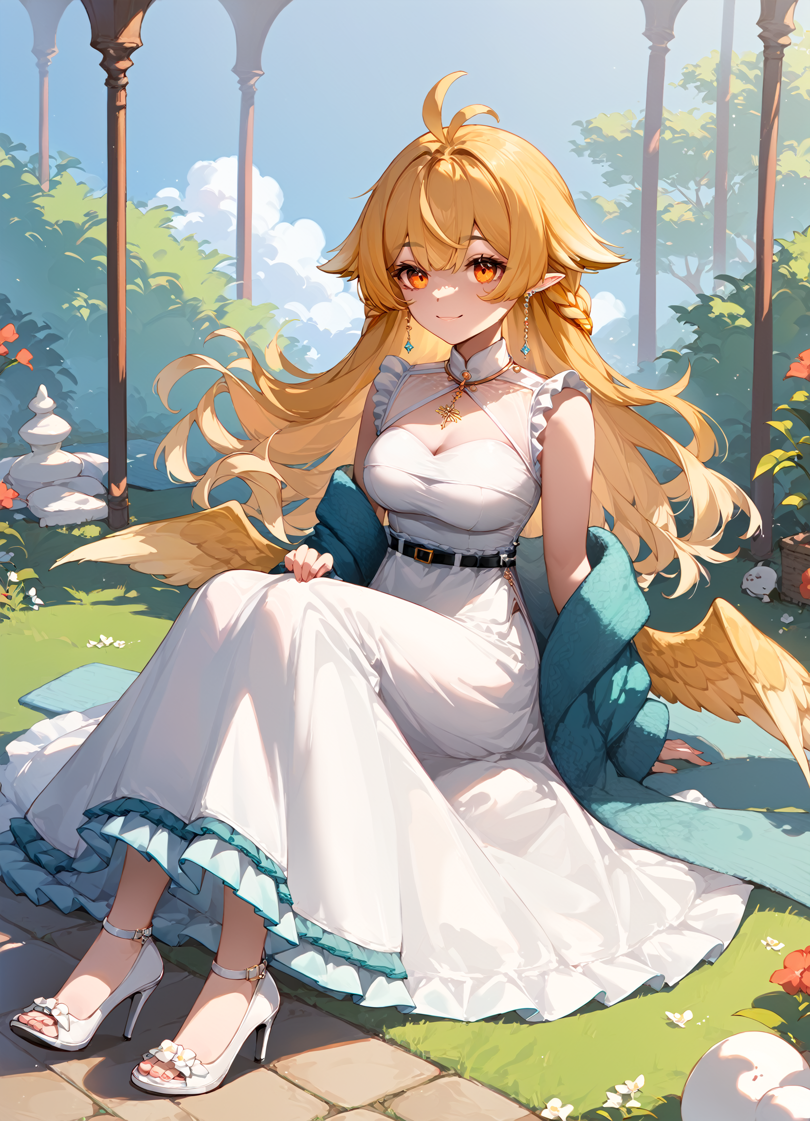 (score_9, score_8_up, score_7_up), 1girl, hibiki \(vtuber\) \(alter2\), low wings, earrings, shawl, sleeveless dress, white heels, sitting, on ground, foreshortening, smile, <lora:hibiki-vtbPO-v1:0.9>