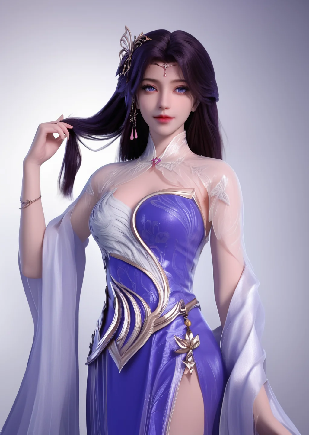 looking_at_viewer,cowboy_shot,1girl,hair_twirling,solo,dress,hair ornament,portiart,from front,masterpiece,(best quality),official art,extremely detailed cg 8k wallpaper,((crystalstexture skin)),(extremely delicate and beautiful),solo,realistic,photo_\(medium\),hiqcgbody,purple eyes,chinese background,<lora:äºæ¦_V2-000001:1>,eye-contact,(smile:0.8),jewelry,purple with white waistband,(holding_hair:1.4),