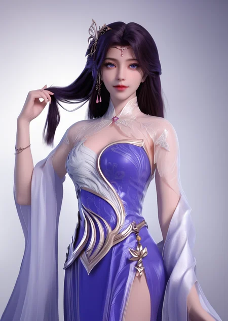 looking_at_viewer,cowboy_shot,1girl,hair_twirling,solo,dress,hair ornament,portiart,from front,masterpiece,(best quality),official art,extremely detailed cg 8k wallpaper,((crystalstexture skin)),(extremely delicate and beautiful),solo,realistic,photo_\(medium\),hiqcgbody,purple eyes,chinese background,<lora:äºæ¦_V2-000001:1>,eye-contact,(smile:0.8),jewelry,purple with white waistband,(holding_hair:1.4),