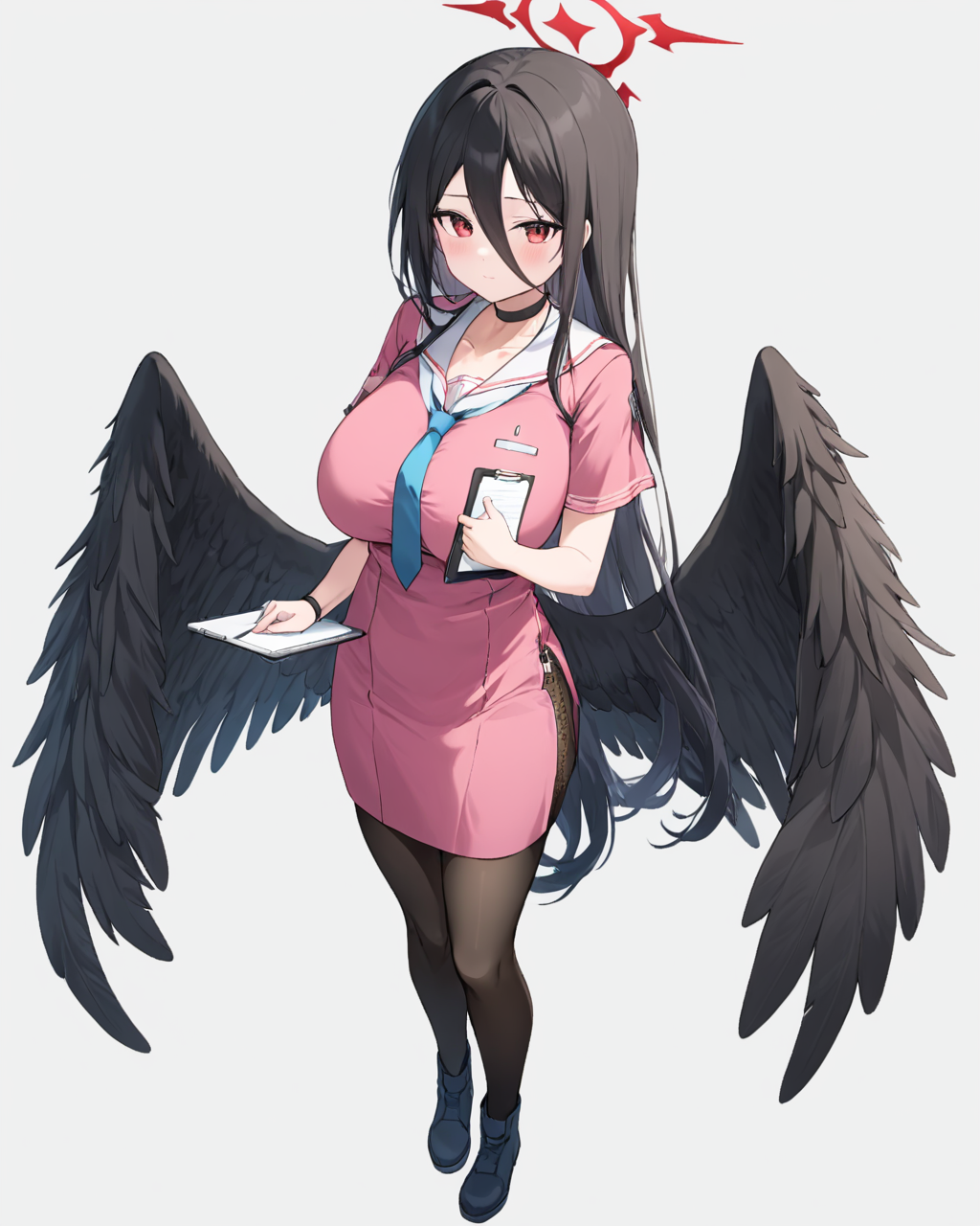 hasumi \(blue archive\),1girl, solo, halo, black_wings, blush, white_footwear, mole_under_eye, pantyhose, full_body, alternate_costume, white_background, large_breasts, looking_at_viewer, simple_background, necktie, holding_clipboard, black_feathers, boots, feathered_wings, nurse, black_choker, short_sleeves, zipper_pull_tab, pink_dress, sweatdrop
<lora:hasumi_(blue_archive)_image2580_2023-11-26:1>halo. gorgeous,key visual, vibrant, studio anime,award-winning, professional, highly detailed,high budget, cinemascope