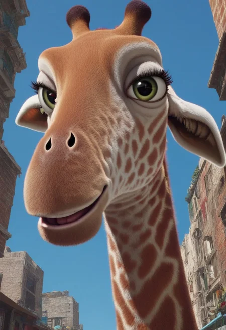 bridget (the wild), 1girl, female giraffe, feral, two-toned fur, cream fur, orange spots, green eyes, eyelashes, long neck, score_9_up, score_8_up, score_7_up, looking at viewer, smug, from below, ultra detailed, detailed background, zoo park background, masterpiece, best quality, 8k, realistic, 3d, full shot, low-angle shot