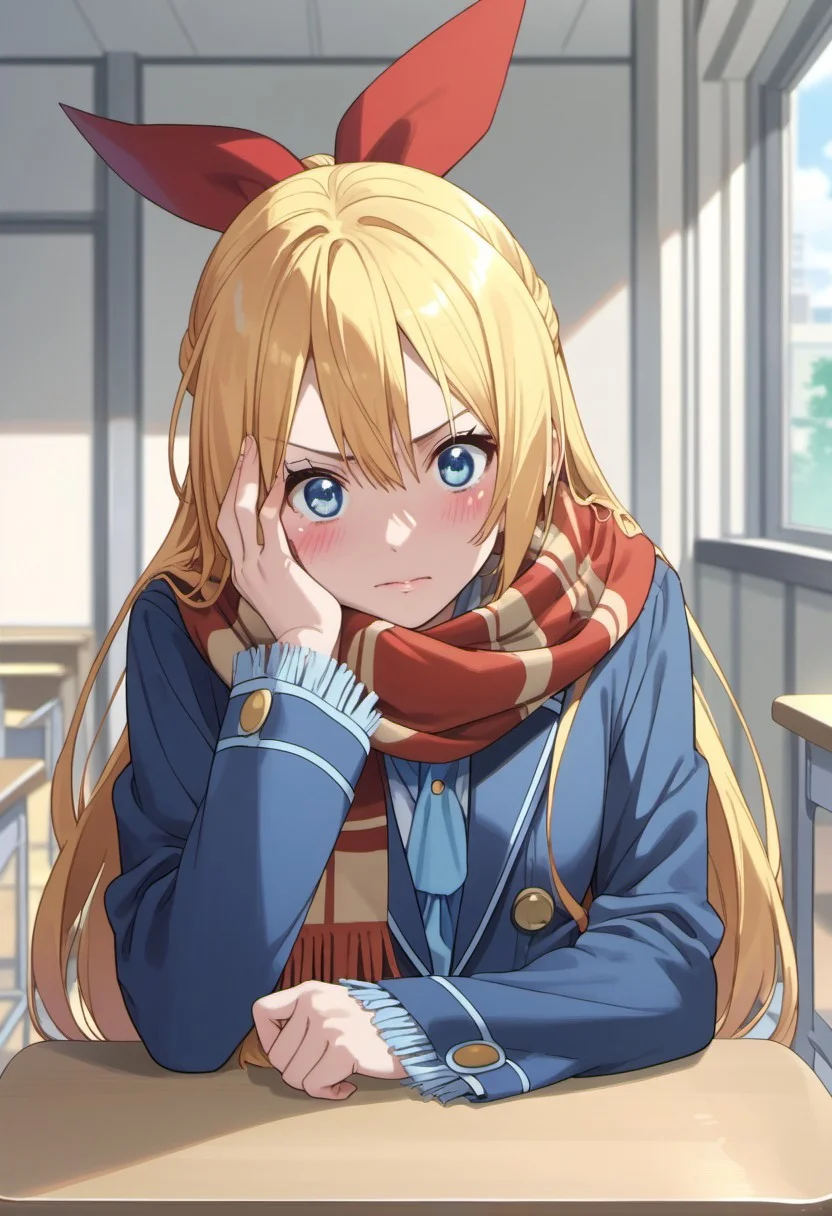 score_9, score_8_up, score_7_up, source_anime, kirisaki chitoge, long hair, blonde hair, blue eyes, 1girl, solo, scarf, ribbon, hair ribbon, classroom, blush, hand on own face, indoors, red ribbon, desk, chair