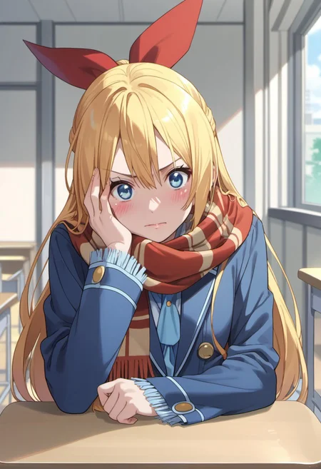 score_9, score_8_up, score_7_up, source_anime, kirisaki chitoge, long hair, blonde hair, blue eyes, 1girl, solo, scarf, ribbon, hair ribbon, classroom, blush, hand on own face, indoors, red ribbon, desk, chair