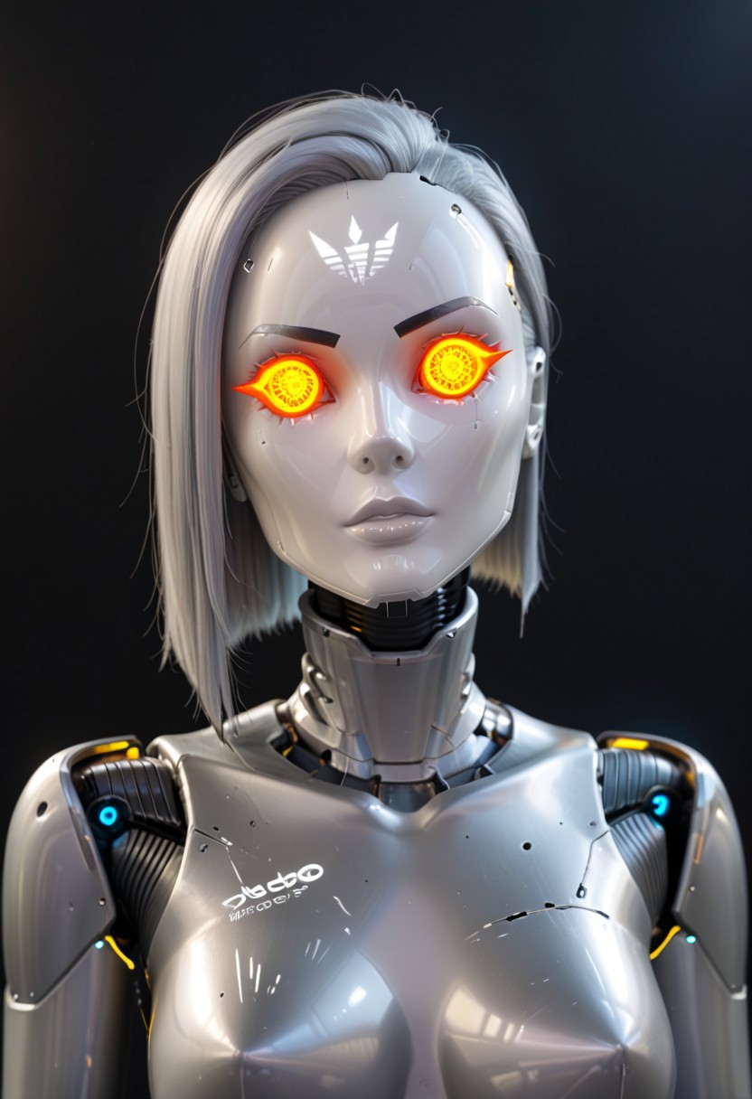A 35mm photo of a beautiful broken robotic woman, she has a faceless robotic head, robot, silver hair, smooth dark grey metallic featureless feminine body, sparks coming from her broken neck
no face