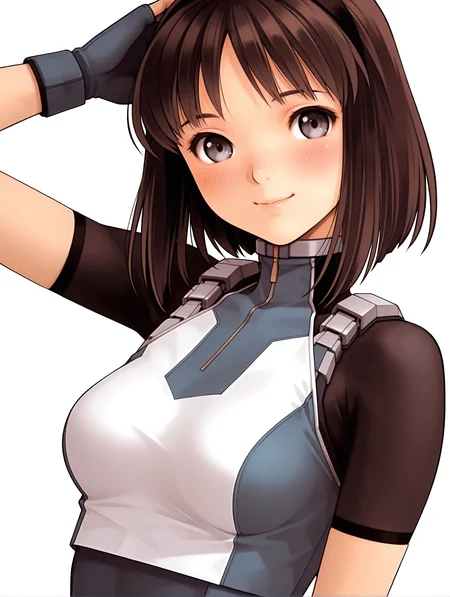 masterpiece,best quality,newest,
1girl,solo,
<lora:nagase_mari_ilxl_v1.0:1>,mari,black hair band,bob_cut,brown hair,grey eyes,
r_suit,turtleneck,skin tight,bodysuit,crop top,short sleeves,fingerless gloves,leotard,
<lora:Fixhands_anime_bdsqlsz_V1:1>,cinematic_angle,dynamic_angle,white_background,simple_background,face_focus,looking_at_viewer,light_blush,smile,upper_body,hand_in_hair,portrait,front view,
