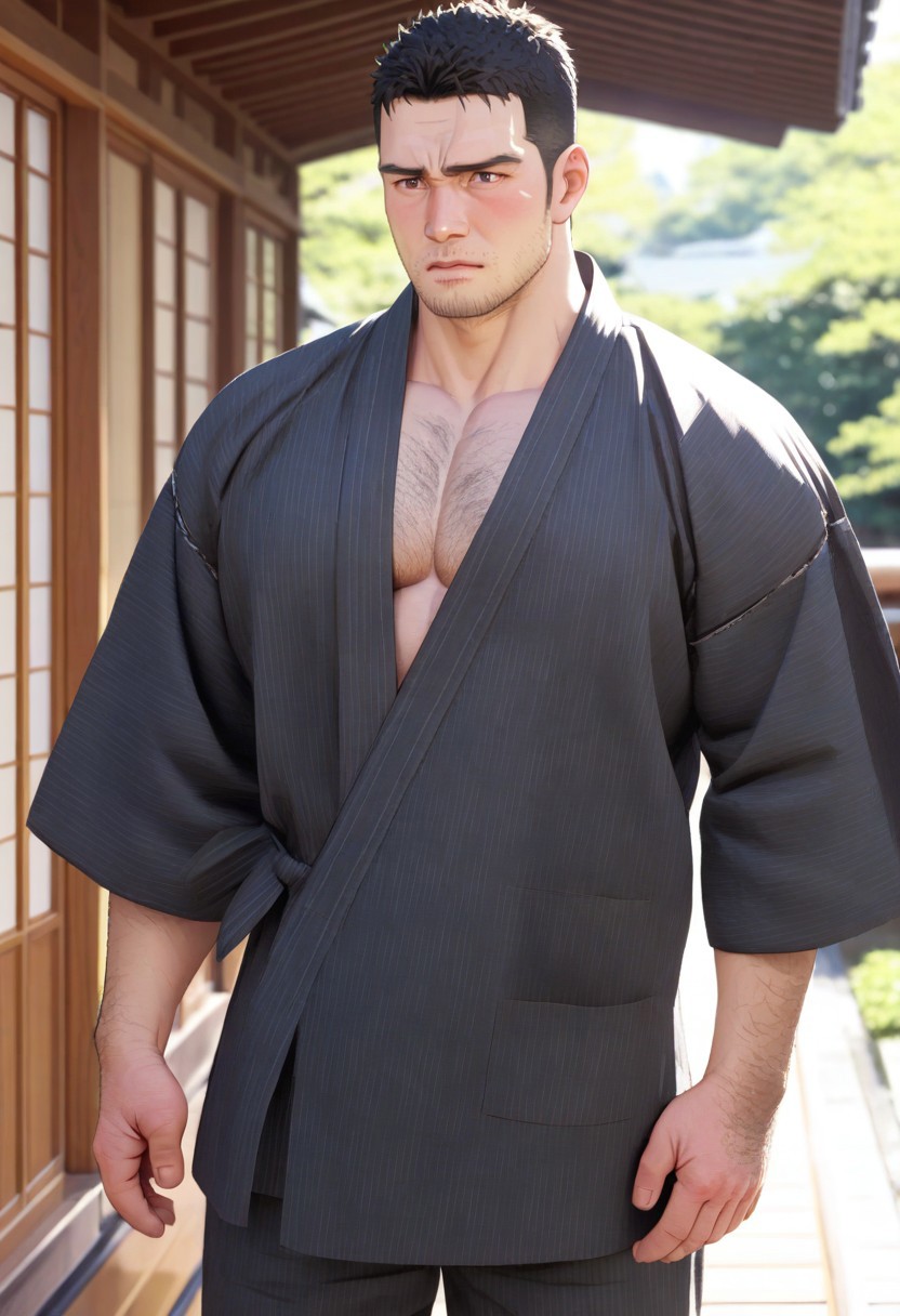 score_9, score_8_up, score_7_up, score_6_up, perfect anatomy, perfect proportions, best quality, masterpiece, high_resolution, high quality, aesthetic, absurdres, (male focus, solo male, adult, mature, masculine, manly, virile, hunky, macho, beefy, gay, homo, bara:1.5),  handsome, charming, alluring, heroic, triumphant, grim, stern, BREAK (asian male, japanese male, dark eyes, perfect eyes, perfect pupil, dark hair, short hair, facial hair, stubble, beard:1.5), chubby, fat, thick, bulky, BREAK Hannekenjinbei, japanese clothing, brown striped jinbei, seigaiha pattern jinbei, asa no ha pattern jinbei, jinbei_yarn_knitting_on_sleeves, detached_jinbei_sleeves, wide_jinbei_sleeves, short_jinbei_sleeves, side-knot closure clothing, hanzubonhalf, jinbei half pants, blurred background, upper body, dutch angle, cowboy shot, outdoor, japanese architecture, nature, sunlight, standing, portrait, headshot, movie still, perfect face, vibrant, vivid, stardom, glamorous, retro, old fashioned, old technicolor film style, film grain, aged film stock, extraordinary achievement, award-winning, expressionist, cinematic, cinematic still, emotional, harmonious, vignette, bokeh, cinemascope, moody, epic, gorgeous