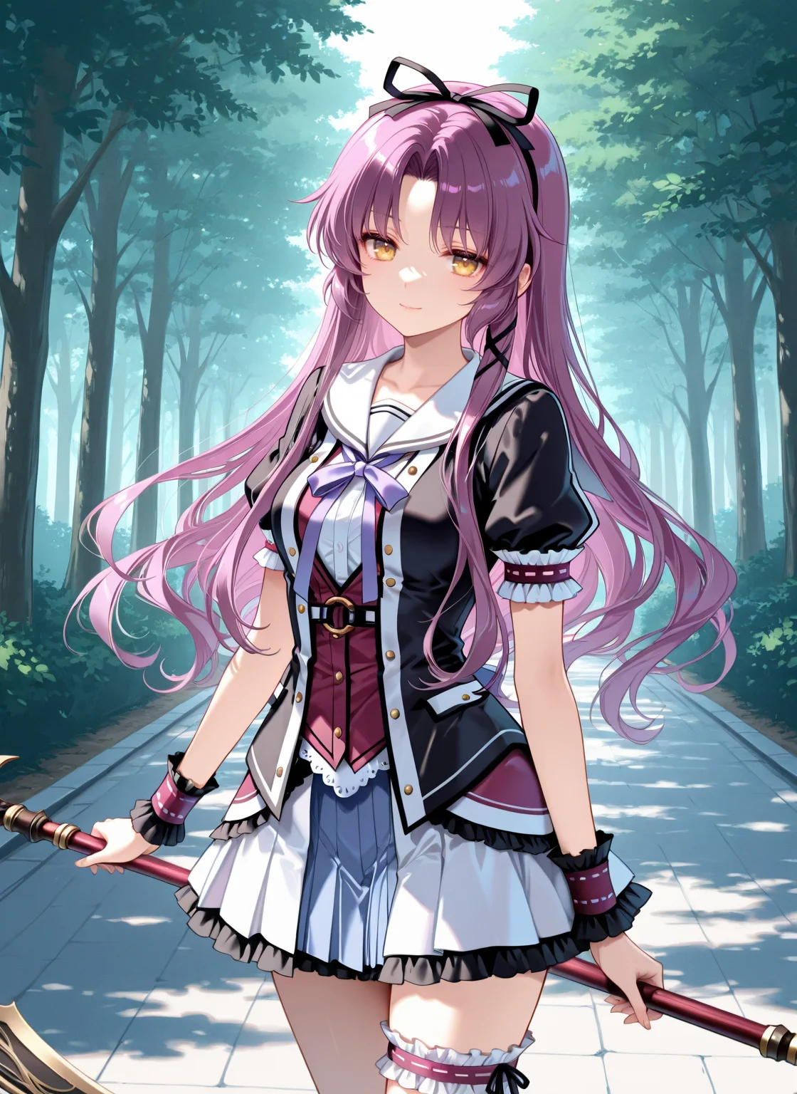 masterpiece,best quality,newest,absurdres,highres,soft shadows,year2024,mutou kurihito,(kimishima ao:0.7),(hiten \(hitenkei\):0.4),(sheya:0.4),
<lora:renne3in1XLNAI:1>,renne (\sen\),sen no kiseki,1girl,purple hair,yellow eyes,long hair,black ribbon,hair ribbon,puffy short sleeves,white sailor collar,purple bowtie,frilled skirt,ribbon,frills,microskirt,wrist cuffs,purple bow,pleated skirt,bridal garter,
scythe,outdoors,street,forest,