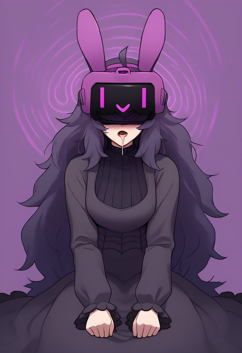 high quality, good quality, perfect quality, amazing quality, high res, masterpiece, score_9, score_8_up, score_7_up, source_anime, best quality, hex maniac, hairband, messy hair, purple hair, purple hairband, black dress, dress, long dress, long sleeves, juliet sleeves, zkovisor, hypnotic visor, helmet, rabbit ears, :), mind control, hypnosis, saliva, drooling, spiral, eyes covered