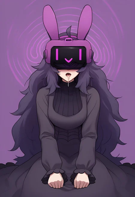 high quality, good quality, perfect quality, amazing quality, high res, masterpiece, score_9, score_8_up, score_7_up, source_anime, best quality, hex maniac, hairband, messy hair, purple hair, purple hairband, black dress, dress, long dress, long sleeves, juliet sleeves, zkovisor, hypnotic visor, helmet, rabbit ears, :), mind control, hypnosis, saliva, drooling, spiral, eyes covered