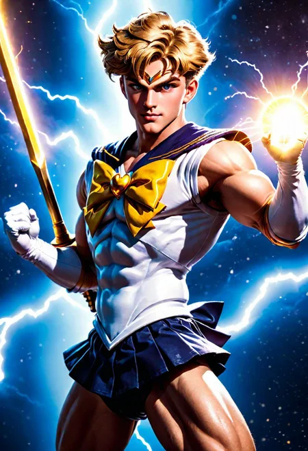 League of Legends, 1male, male focus, riot style, digital art, concept art, realistic, fantasy, 4k, best quality, masterpiece, extremely detailed, very detailed face, very detailed eyes, dynamic angle, seen from the above, dynamic pose, 3D, vintage sci fi poster of a muscular male, MAN, MALE, tall, handsome, stunning, dark blonde, medium hair, emo hair, round face, huge plumped lips, big lips, blushed, videogame eyes, beard, man only, mysterious, strong, smirking, wearing a sailor uranus dress, sailor senshi uniform, holding a sword, flying in space, surrounded by lightning, yellow bow, (cinematic light, volumetric), Cinematic Shot, splash art