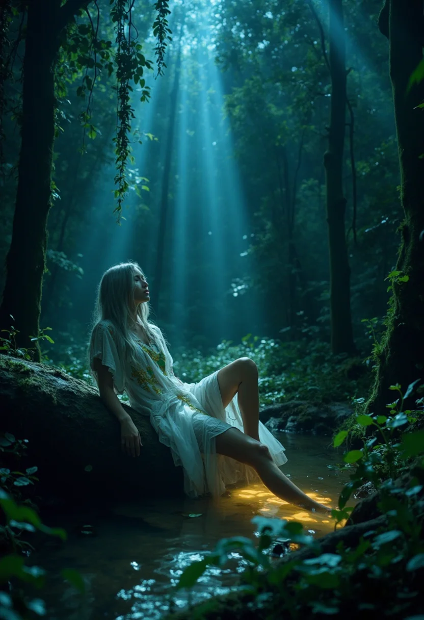 glamorous photo (hyperrealistic professional photography:1.25) A forest at twilight night, featuring a woman with long, flowing silver hair. She is resting peacefully against a moss-covered log near a shallow, glowing pond. Her white dress with gold and green embellishments gently wraps around her, and the fabric is slightly translucent, revealing her figure as she reclines with one leg slightly bent and the other extended, her feet touching the waters surface. The lighting of the scene is a soft, bluish glow, with beams of moonlight filtering through the dense, towering trees overhead, casting delicate shadows across the forest floor. The trees are adorned with hanging vines, and small patches of luminescent plants surround the area. The overall atmosphere is calm, magical, and slightly ethereal, evoking a deep connection to nature. with rich contrasts of blue, green, and silver tones
 . high fashion, luxurious, extravagant, stylish, sensual, opulent, elegance, stunning beauty, professional, high contrast, detailed