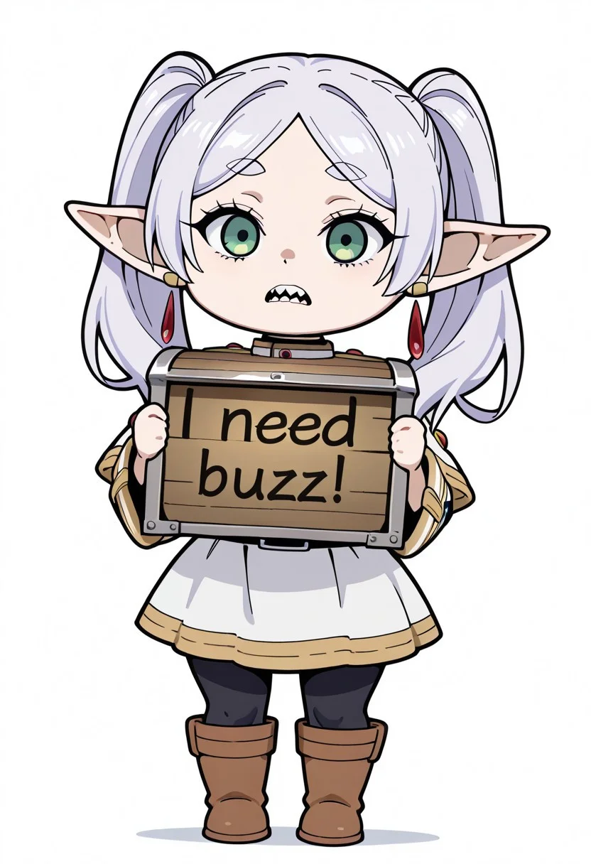 masterpiece, need_buzz, holding sign, sousou no frieren, frieren trapped inside a chest ,chibi,chibi style, Frieren from Frieren: Beyond Journey’s End is frequently depicted postrated in getting caught inside a treasure chest, specifically a "mimic"—a monster disguised as a treasure chest., big teeth hungry chest,
1girl, solo, white background, shirt, skirt, long sleeves, jewelry, pantyhose, pointy ears, parted bangs, green eyes, white hair, twintails, boots, full body, white skirt, earrings, striped shirt, sash, black pantyhose, capelet, white capelet, elf