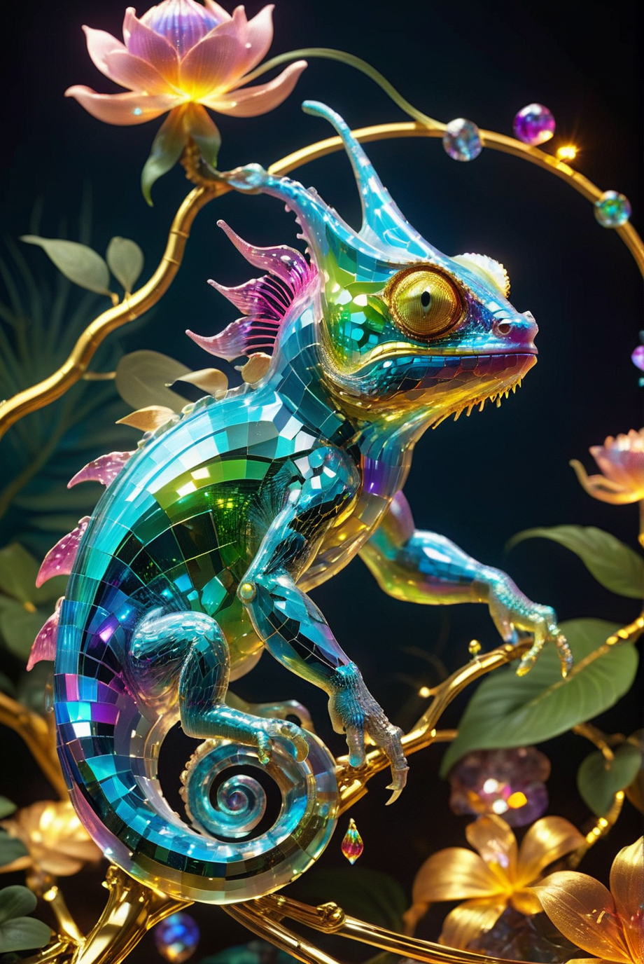 Freshideas Levitation, Holographic chameleon, Holographic flower, Wireframe Hologram, 3D,
A close-up shot features a chameleon perched majestically on a pile of shimmering gemstones. The chameleon, with its iridescent scales, reflects light in a dazzling array of colors, exuding a proud and regal presence. The scene captures a surreal and dreamlike atmosphere, emphasizing the magical and fantastical elements.
<lora:20240614-1718326897684:1.0>,
<lora:add-detail-xl:1.0>,
<lora:EnvyBetterHiresFixXL01:1.0>,
<lora:extremely_detailed:1.0>, extremely detailed,
<lora:EldritchMixIllustration_1.1:0.25>,
<lora:SDXLFaeTastic2400:0.6>,