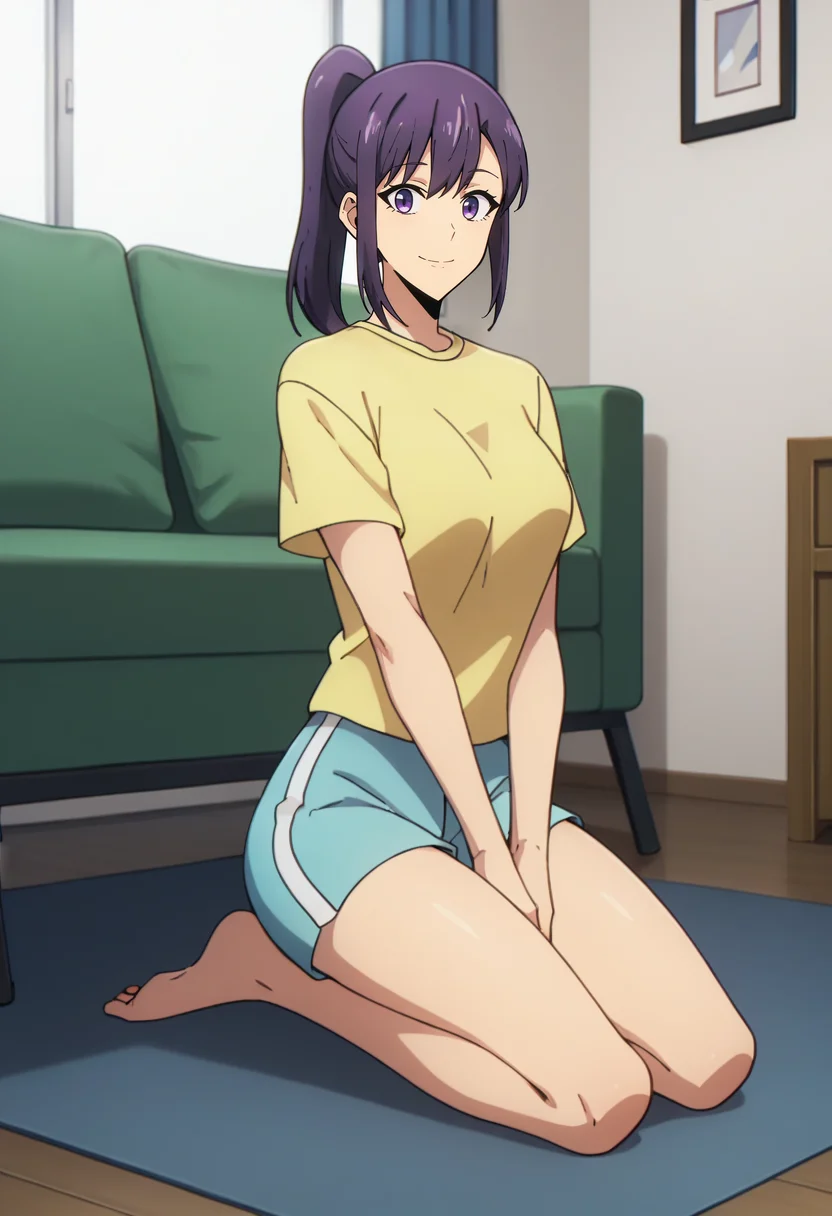 score_9, score_8_up, score_7_up,
<lora:SoloLeveling_SungJinahXL:0.8>, SungJinahSL,
1girl, solo, closed mouth, light smile,
purple hair, purple eyes, ponytail,
JinahHome, yellow shirt, blue shorts, t-shirt,
kneeling, looking at the viewer,
indoors, living room