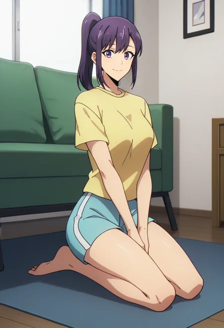 score_9, score_8_up, score_7_up,
<lora:SoloLeveling_SungJinahXL:0.8>, SungJinahSL,
1girl, solo, closed mouth, light smile,
purple hair, purple eyes, ponytail,
JinahHome, yellow shirt, blue shorts, t-shirt,
kneeling, looking at the viewer,
indoors, living room