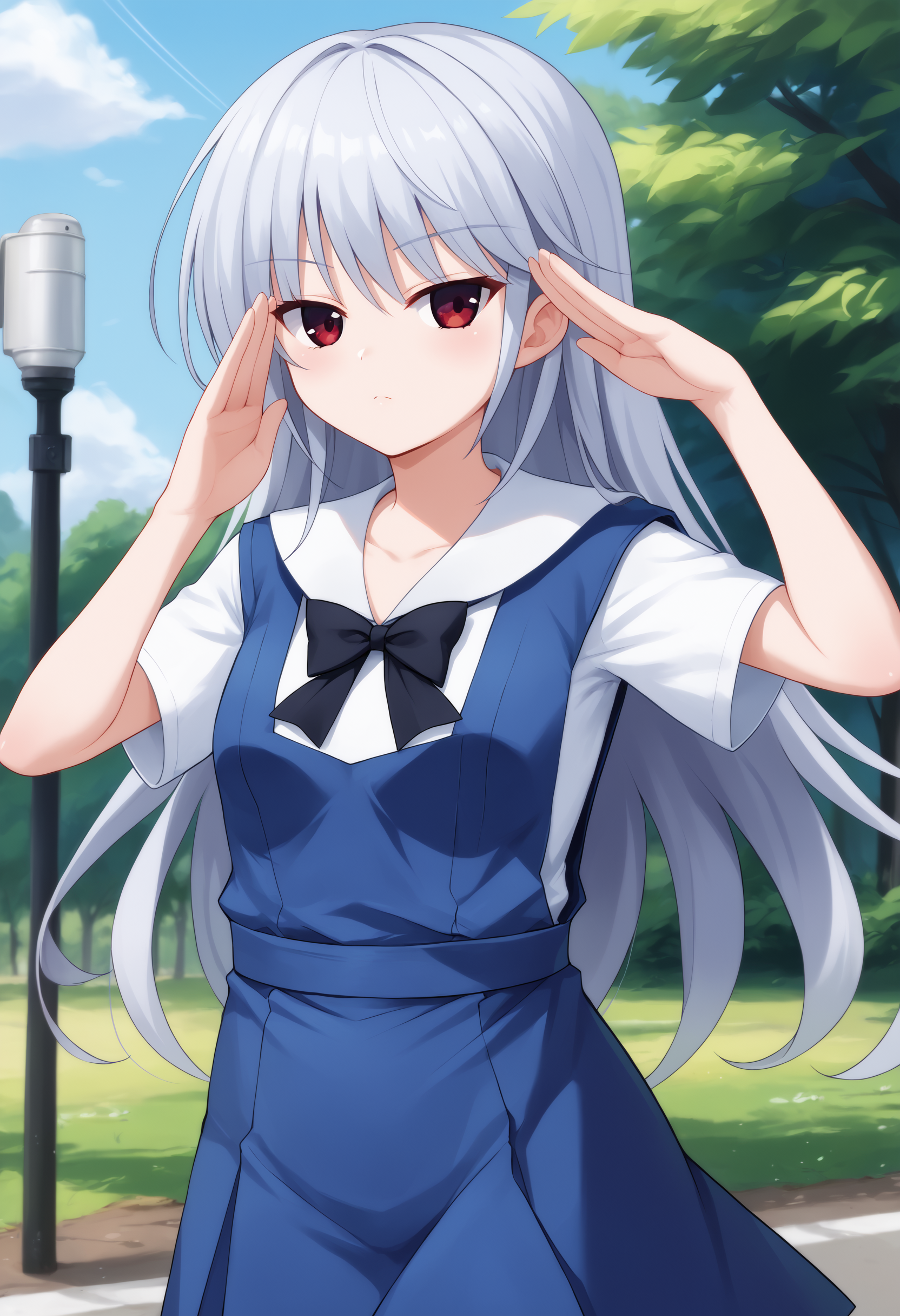 score_9, score_7_up, 1girl, solo,    kzk, silver hair, long hair, red eyes, shirt, white sailor collar,  blue pinafore dress,  black bowtie, outdoors,  salute,     <lora:Kazuki FF 5-000008:1>