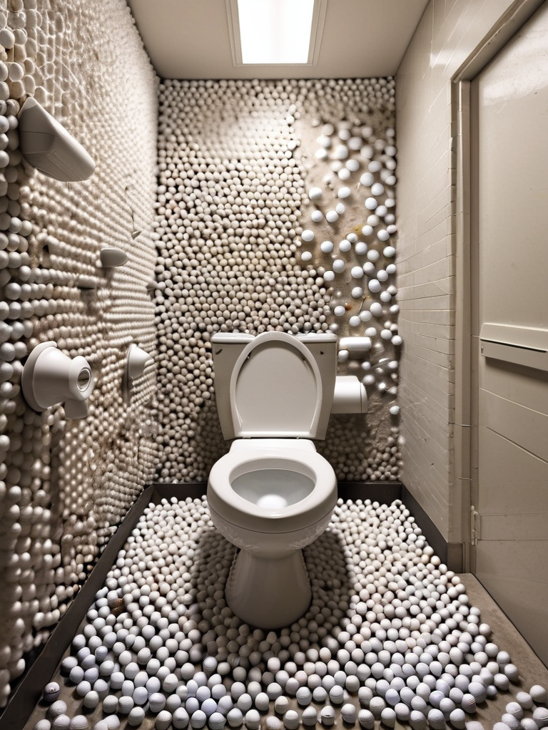 <lora:g0lfb4lls_v2:1>, high quality, high resolution, filthy public restroom, made of golf balls
