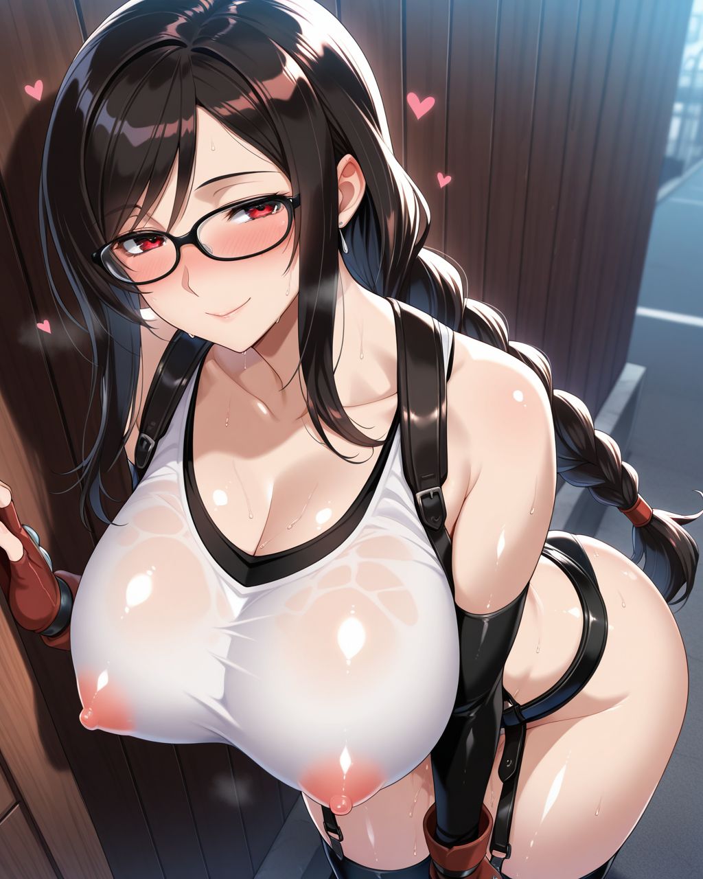 solo, standing, BREAK
1girl,big breasts,lovestruck,seductive smile,in heat,embarrassed,BREAK
(hanekawa tsubasa:0.2),black hair, long hair,single braided ponytail, black-framed eyewear,tifa lockhart \(cosplay\),BREAK
shiny skin,erect nipples,outdoors, sweat,BREAK
masterpiece,best quality,amazing quality,explicit, <lora:KK_N_ILL:0.8>