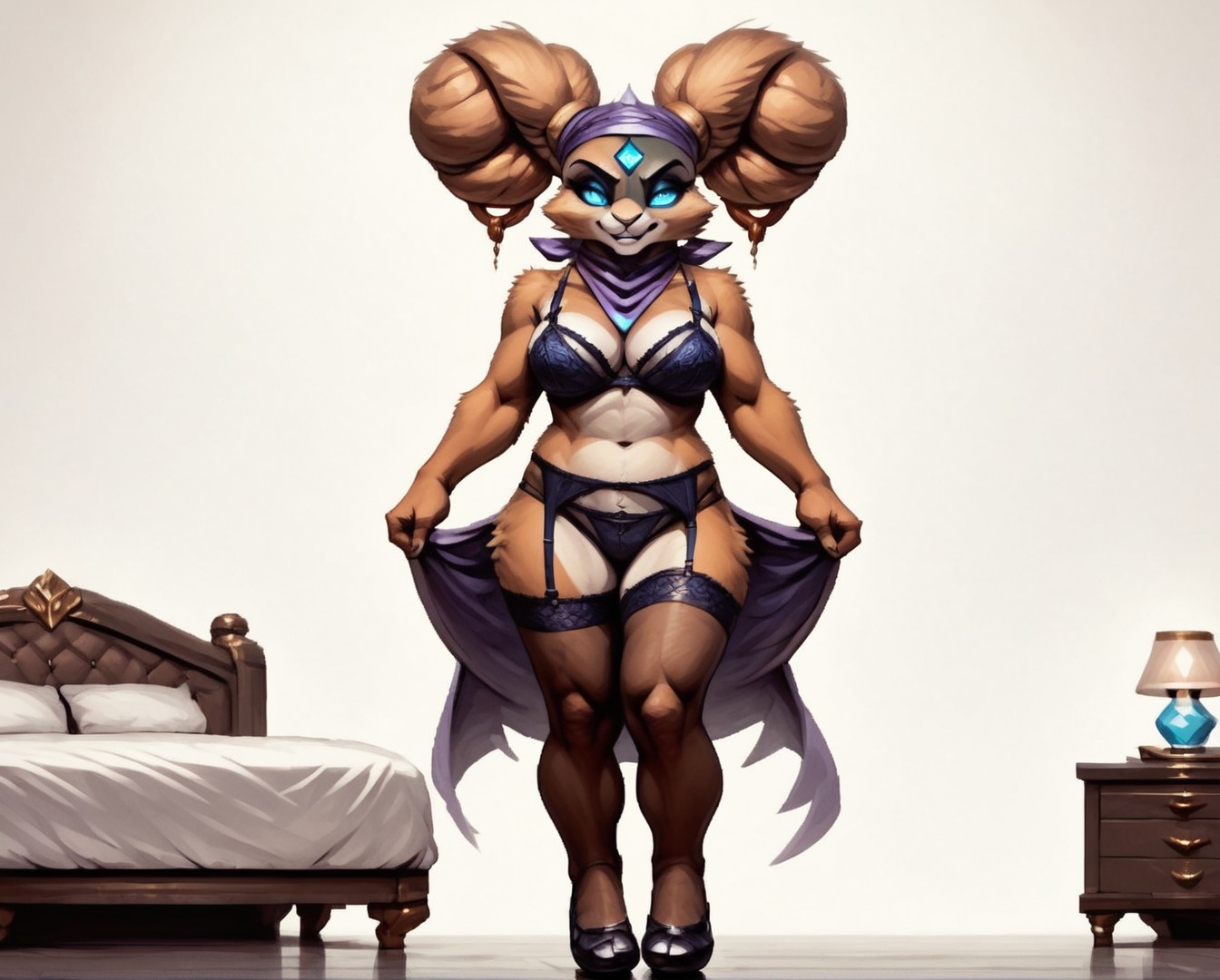 score_9, score_8_up, score_7_up, score_6_up, score_5_up, score_4_up,
two-tone fur, 
bandana,
purple bandana,
gold trim,
cleavage,
face focus,
blue eyes,
make up,
brown fur,
brown body,
looking at viewer,
ears,
long ears,
very longs ears,
jewel,
blue jewel,
forehead jewel,
mature,
tonned,
bun,
hair bun,
twintails,
evil,
evil grim,
grinning,
thighs,
legs,
sexy legs,
standing,
heels,
simple background,
white background,
 <lora:Typhoon_KAZE_ATWM_Pony_SDXL:1> typhoon_kaze, 
<lora:Pony_DetailV2.0:1>, panties,
stockings,
lingerie,
bra,
sexy,
sensual,
bed,
bedroom,
luxury room,