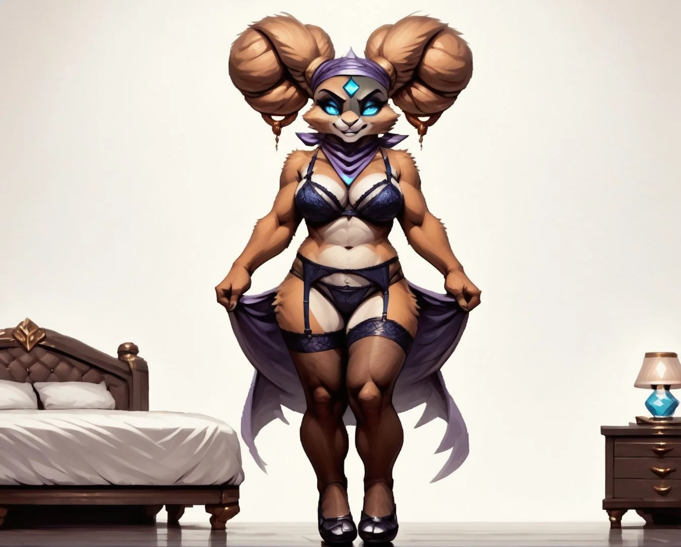 score_9, score_8_up, score_7_up, score_6_up, score_5_up, score_4_up,
two-tone fur,
bandana,
purple bandana,
gold trim,
cleavage,
face focus,
blue eyes,
make up,
brown fur,
brown body,
looking at viewer,
ears,
long ears,
very longs ears,
jewel,
blue jewel,
forehead jewel,
mature,
tonned,
bun,
hair bun,
twintails,
evil,
evil grim,
grinning,
thighs,
legs,
sexy legs,
standing,
heels,
simple background,
white background,
<lora:Typhoon_KAZE_ATWM_Pony_SDXL:1> typhoon_kaze,
<lora:Pony_DetailV2.0:1>, panties,
stockings,
lingerie,
bra,
sexy,
sensual,
bed,
bedroom,
luxury room,