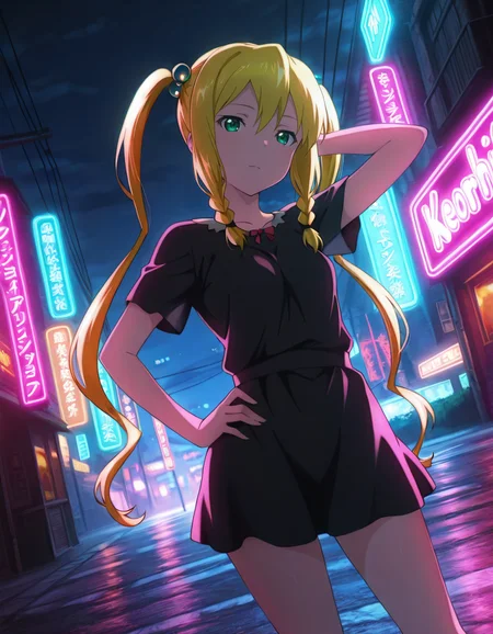 standing, arm behind head, hand on own hip, outdoors, night, neon light, <lora:Kodama_Himegami_LCD_v01:1> kodamahimegamilcd, braid, twintails, hair bobbles, blonde hair, green eyes, long hair,
dutch angle, depth of field, HDR, 8K, masterpiece,best quality,amazing quality, highest score,