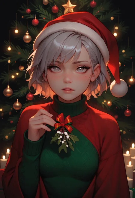 masterpiece, best quality, wallpaper, highly detailed, score_9, score_8_up, score_7_up, score_6_up, source_anime, (score_9, score_8_up, score_7_up), (vivid colours), g0thicPXL,
BREAK
1girl, dynamic pose,blush, big ass,(short messy silver hair), bangs,pale skin, medium breast, sexy face, glowing light,excited, dynamic view,holding a mistletoe in his hand, waving the mistletoe,young, perfect body, fair skin, sexy face,((dark circles under eyes)),((messy silver hair)), grey eyes,tired face,((Santa Claus hat)),sweater overside,green christmas sweater costume,green swater with withe decoration,sweaty,
motion line,Christmas tree,gifts,Christmas,Christmas party, warm light