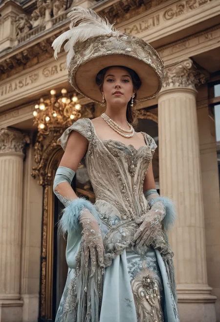 hyper-realistic cinematic portrait of a stunning young woman in Belle Époque Paris, circa 1900, standing at the entrance of the Palais Garnier opera house, dressed in an elaborately embroidered haute couture gown with silk gloves, pearl jewelry, and an ostrich-feathered hat, soft golden gaslight reflecting off marble columns, background bustling with well-dressed Parisians and ornate horse-drawn carriages, no modern elements, realistic skin texture with visible pores and subtle makeup, (film grain and pastel tones), romantic and decadent atmosphere, inspired by early fashion photography and Art Nouveau aesthetics, immersive and luxurious