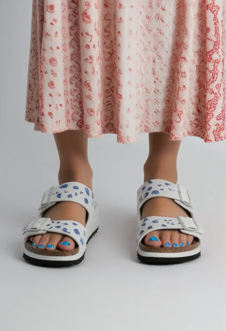 1girl, solo, simple_background, white_background, birksonfeet, blue_toenail_polish, close-up, lower_body, footwear_focus, patterned, long_skirt