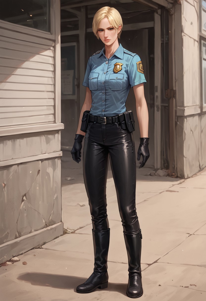 Score_9_up, score_8_up, score_7_up, score_6_up, source_realistic, cowboy shot, BREAK 1girl, cybilbennett, blonde, short hair, blue police shirt, badge, black leather pants, gloves, boots,