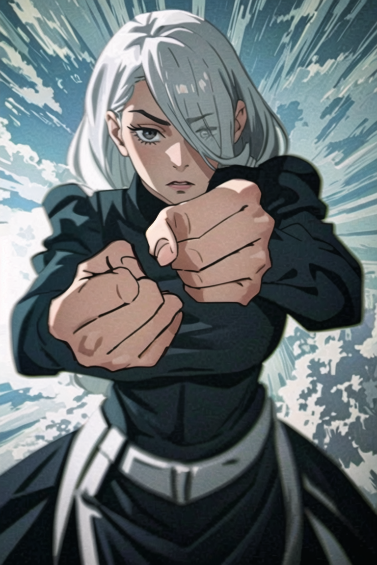 (masterpiece, top quality, best quality, realistic, beautiful and aesthetic:1.2) balled fist, looking at viewer, cowboy shot, 1girl, intense expression, <lora:jjk_meimei_v2:0.8> meimeidef, hair over one eye, black dress, puffy sleeves, long sleeves <lora:LCM_LoRA_Weights_SD15:1>