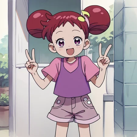 score_9, score_8_up, score_7_up BREAK Doremi1, 1girl, red hair, odango hairstyle, purple eyes, pink hair scrunchies, yellow musical note hairclip, purple tank top, short-sleeve pink shirt, soft pink denim shorts, pink socks, cowboy shot, open mouth smile, peace sign hands,