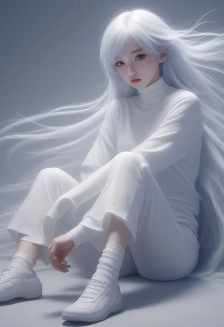 minimalis and simple, anime, Ghostblade WLOP style , anime graphic art ghibli , she is lying prone, thighhighs,ultrasharpness,weapon eletricthunder