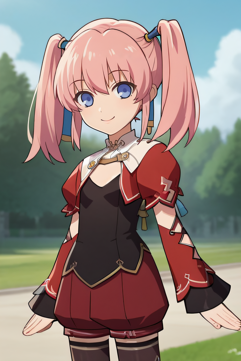 score_9, score_8_up, score_7_up, source_anime, rating_safe, intricate details, anime screencap, official style, 1girl, <lora:Cammy:1>, cammy, pink hair, blue eyes, twintails, detached sleeves, red shorts, black thighhighs, zettai ryouiki, cleavage cutout, black shirt, white collar, red sleeves, looking at viewer, outdoor, cowboy shot, smile