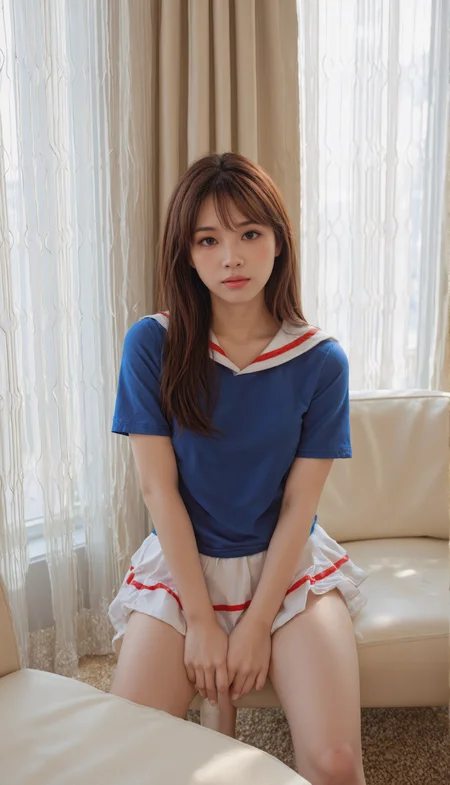 This is a high definition and detailed professional portrait photograph featuring a alabaster woman with light complexion in a sitting pose. She sits cross-legged with her hands delicately placed on her waist, looking forward. She is wearing SGWN15clothing, a sailor-style outfit wutg blue short-sleeved shirt, a white collar and red stripes and white mini-skirt with red stripes. She wears everyday makeup, neutral tones, and a polished look. She has layered hair styled with bangs. The background is a serene corner of a hotel room with large windows on both sides. Soft daylight filters through delicate white curtains, casting an ethereal glow across the room. Below the windows, there is a sleek white leather armchair, inviting and luxurious. The entire setting exudes a dreamlike and tranquil atmosphere, with the warm sunlight and soft shadows playing across the surfaces. The room conveys a sensual and peaceful vibe, perfect for unwinding and moments of quiet solitude.<lora:flux\fxyifu\SGWN15clothing_v1_000003700.safetensors:0.85:0.85> <lora:flux\fxchara\jz5_rank8_bf16.safetensors:0.73:0.73>