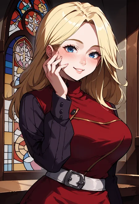 score_9, score_8_up, score_7_up, source_anime, 1girl, upper body, looking at viewer, smile, hand on own face, blush, <lora:YokoCV-pdxl:1> yokoCV, long hair, blonde hair, blue eyes, large breasts, red dress, sweater, long sleeves, white belt, church, stained glass