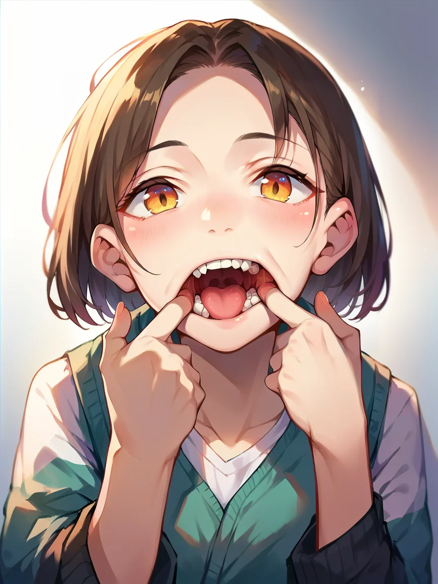 score_9, score_8_up, score_7_up, score_6_up, score_5_up,  <lora:mouthpullXLP:1> mouth pull, finger in own mouth, 1girl, cute