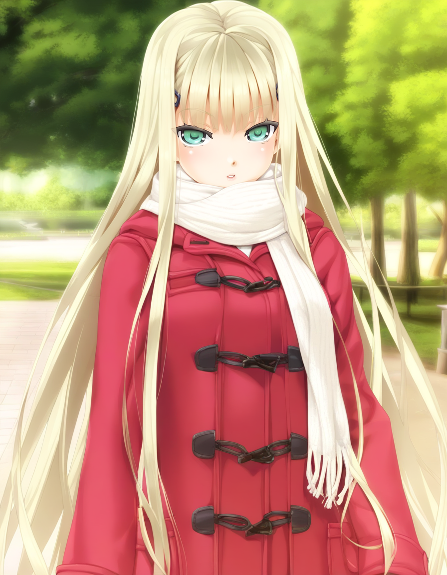 kannagi yuuri, light green eyes, blonde hair, very long hair, sidelocks, hairclip, large breasts, red duffel coat, open coat, scarf, park, parted lips, solo <lora:Biman Adam-000063:1>